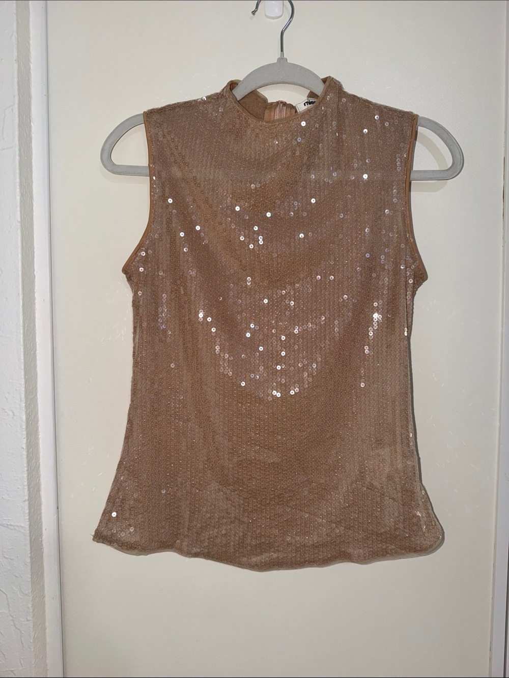 Missguided  Rose Gold Sequin Sleeveless Mock Neck Top Semi Sheer | S